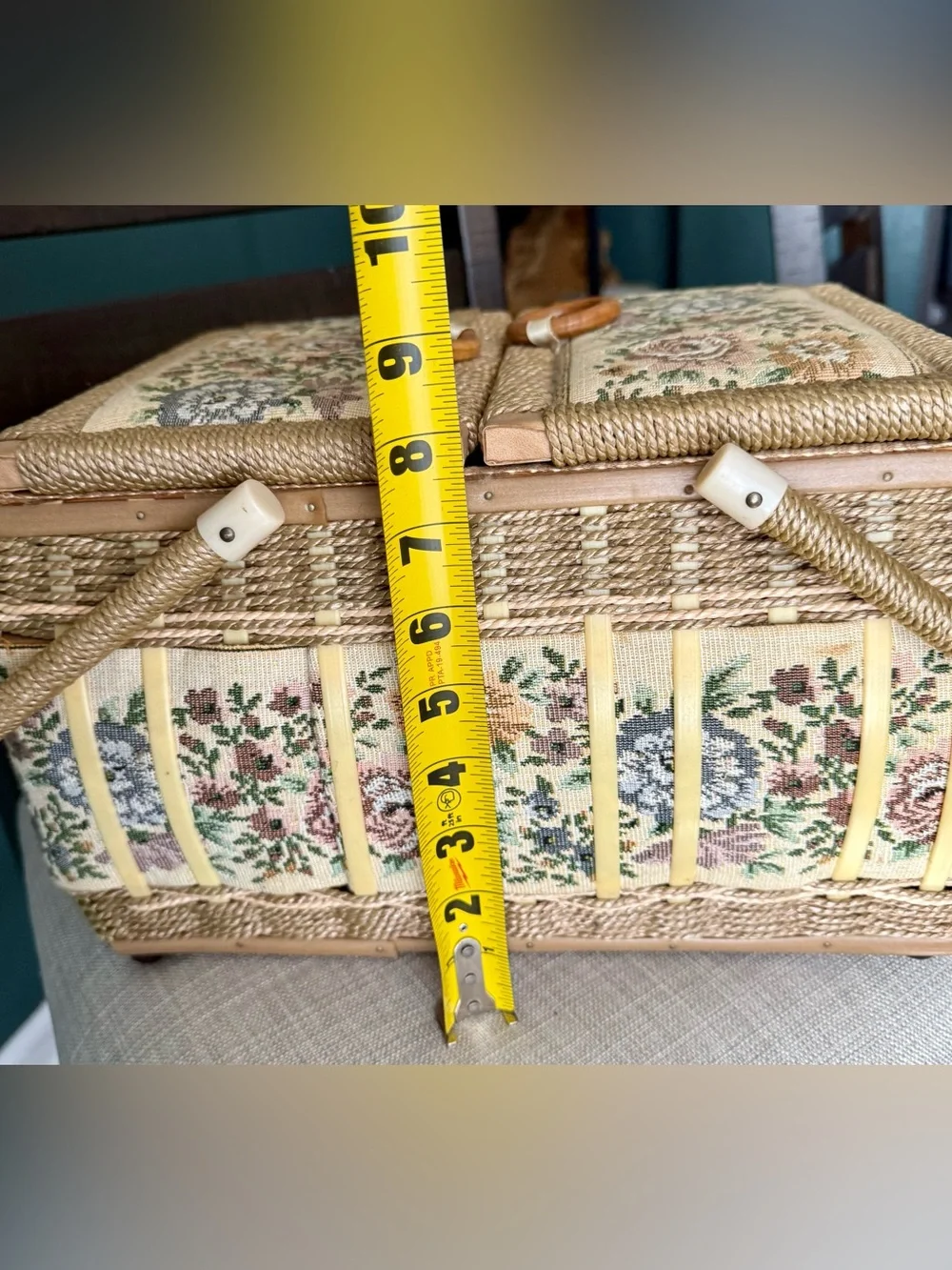 Vintage AZAR Woven Wicker Sewing Basket with Floral Tapestry